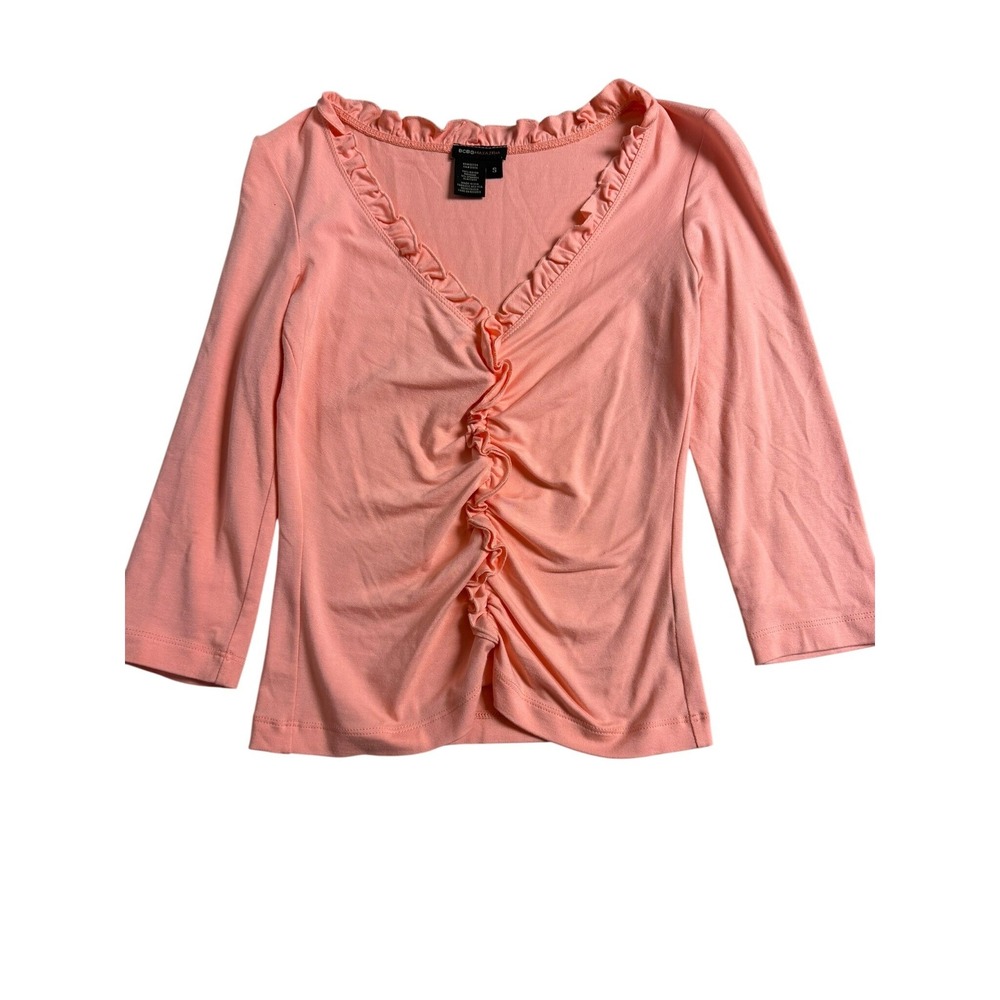 BCBGMAXAZRIA Peach Coral Ruffle V-Neck Ruched 3/4 Sleeve Top Small